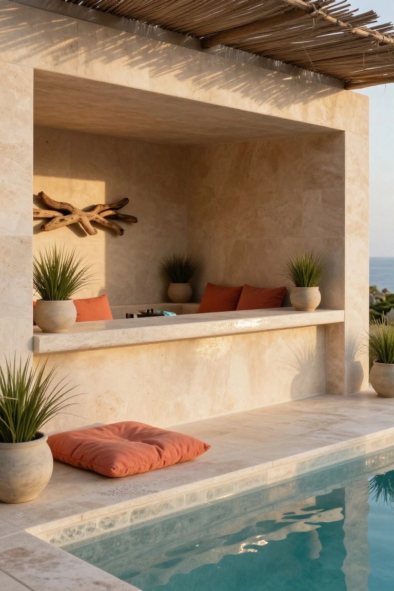 Luxurious poolside lounge with stone bar, orange cushions, and ocean view.