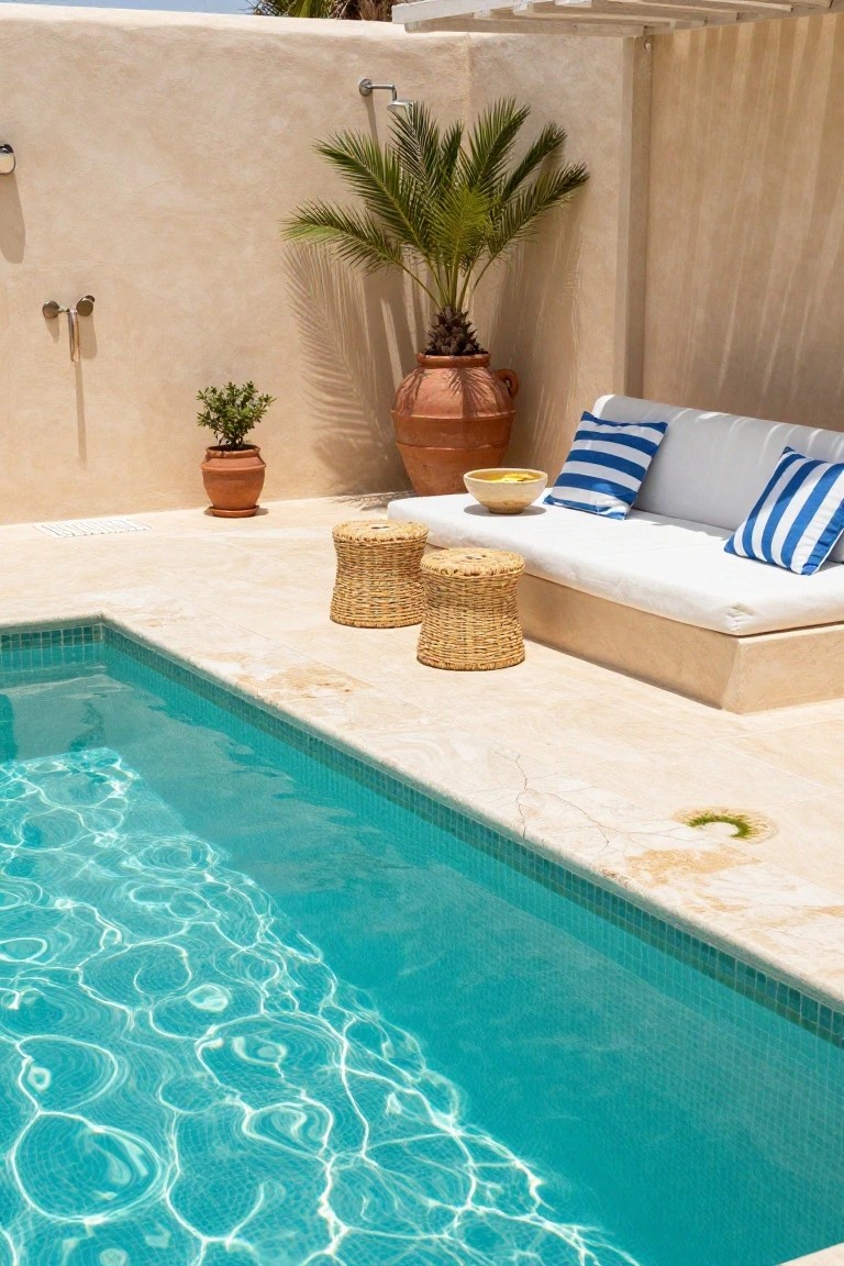 Turquoise mosaic-tiled pool alongside beige stucco walls, with a raised white daybed topped by blue striped pillows and cushions, two rattan stools, terracotta pots with plants, a palm tree, and an outdoor shower in a sunny outdoor setting.