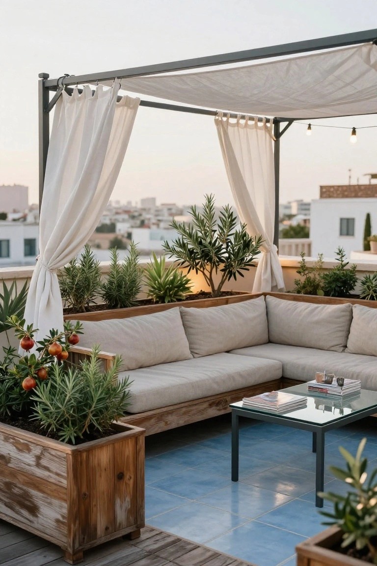 Rooftop terrace featuring an L-shaped beige sofa around a glass coffee table, wooden planters with rosemary and orange trees, white canopy with curtains on metal frame, blue tiled floor, and cityscape in background at dusk.