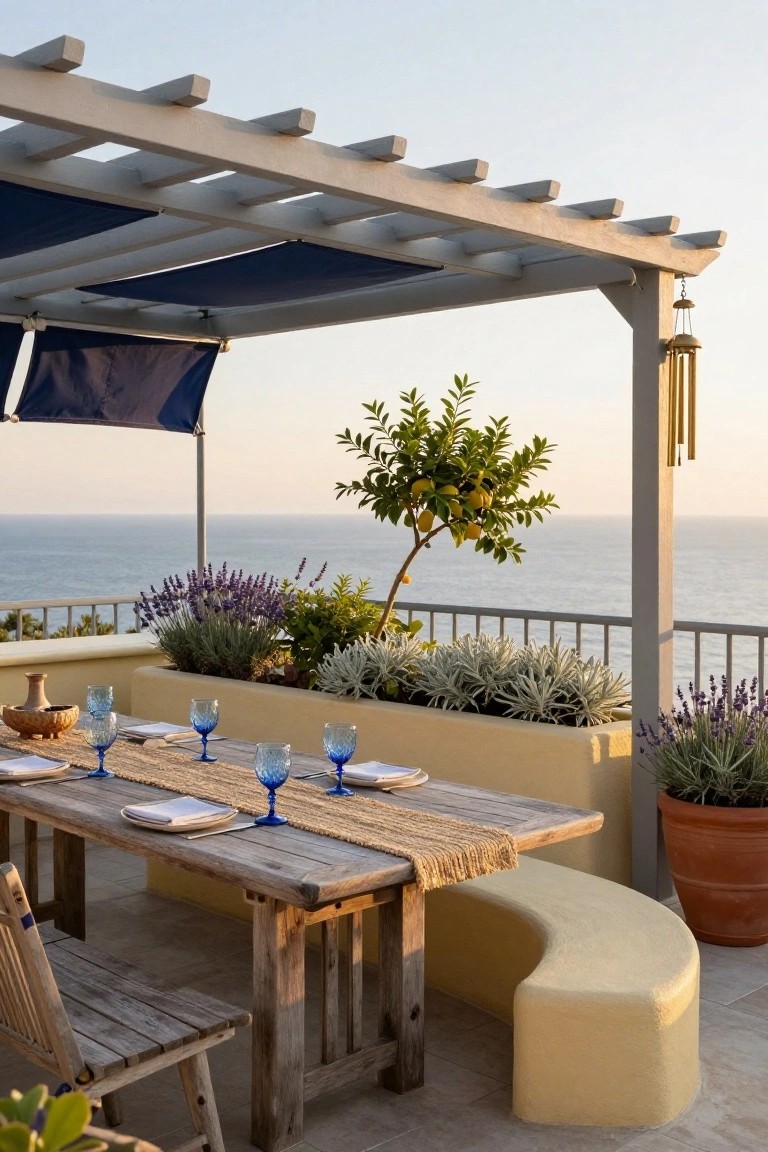 Rustic wooden dining table set with blue glasses, white plates, and a runner on a balcony terrace under a white pergola with blue shade cloth, surrounded by potted lavender, lemon tree, and silver-leaf plants, with yellow stucco bench and ocean view beyond railing.