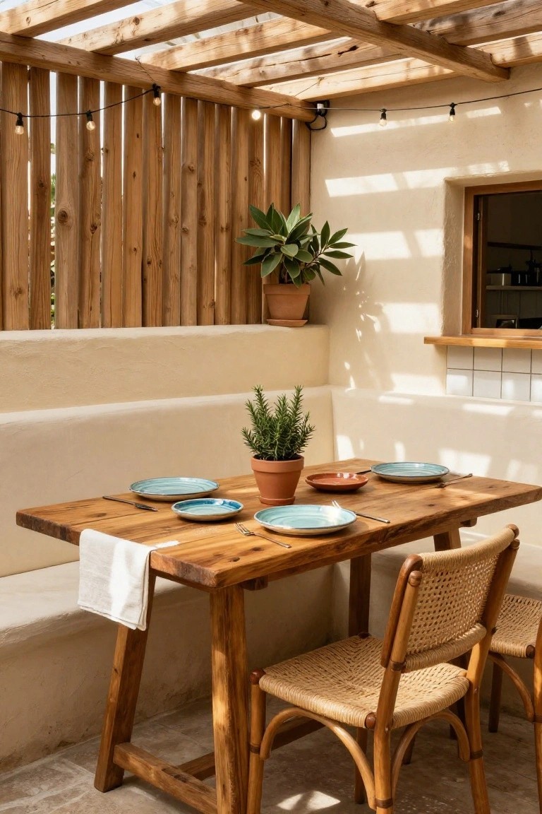 Rustic wooden patio table with woven chairs and turquoise plates.