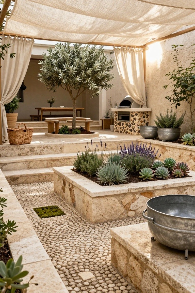 Beige stone terrace with steps, raised rectangular planters filled with succulents, lavender, and agaves, pebble stone path, wooden table and benches, olive tree, linen curtains on wooden frame, stone barbecue, and potted plants.