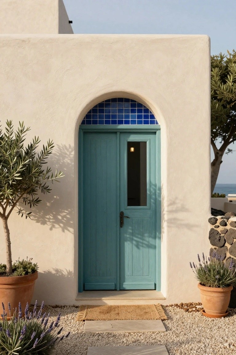 Beige stucco corner of a Mediterranean house exterior with a teal double door under an arched blue tiled transom window, flanked by a potted olive tree and lavender plants in terracotta pots, seagrass doormat on gravel path, and distant sea view.