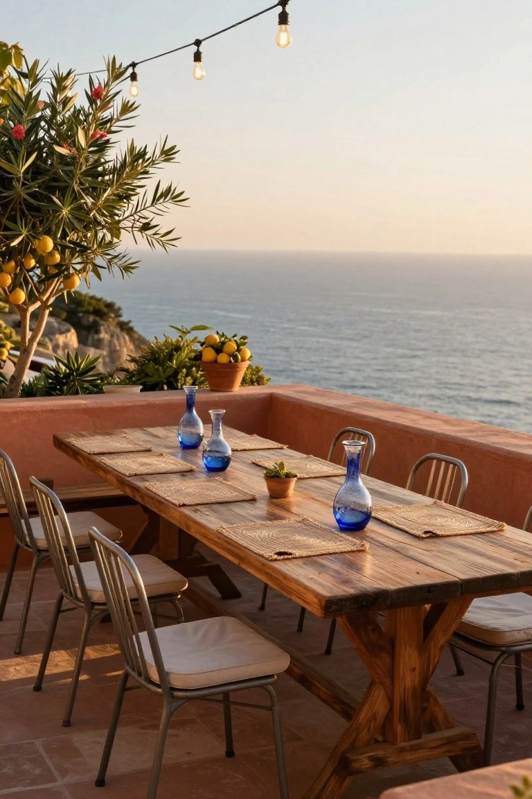 Wooden dining table with blue glass decanters and woven placemats on a terracotta terrace overlooking the ocean, with olive trees, citrus pots, and string lights at dusk.