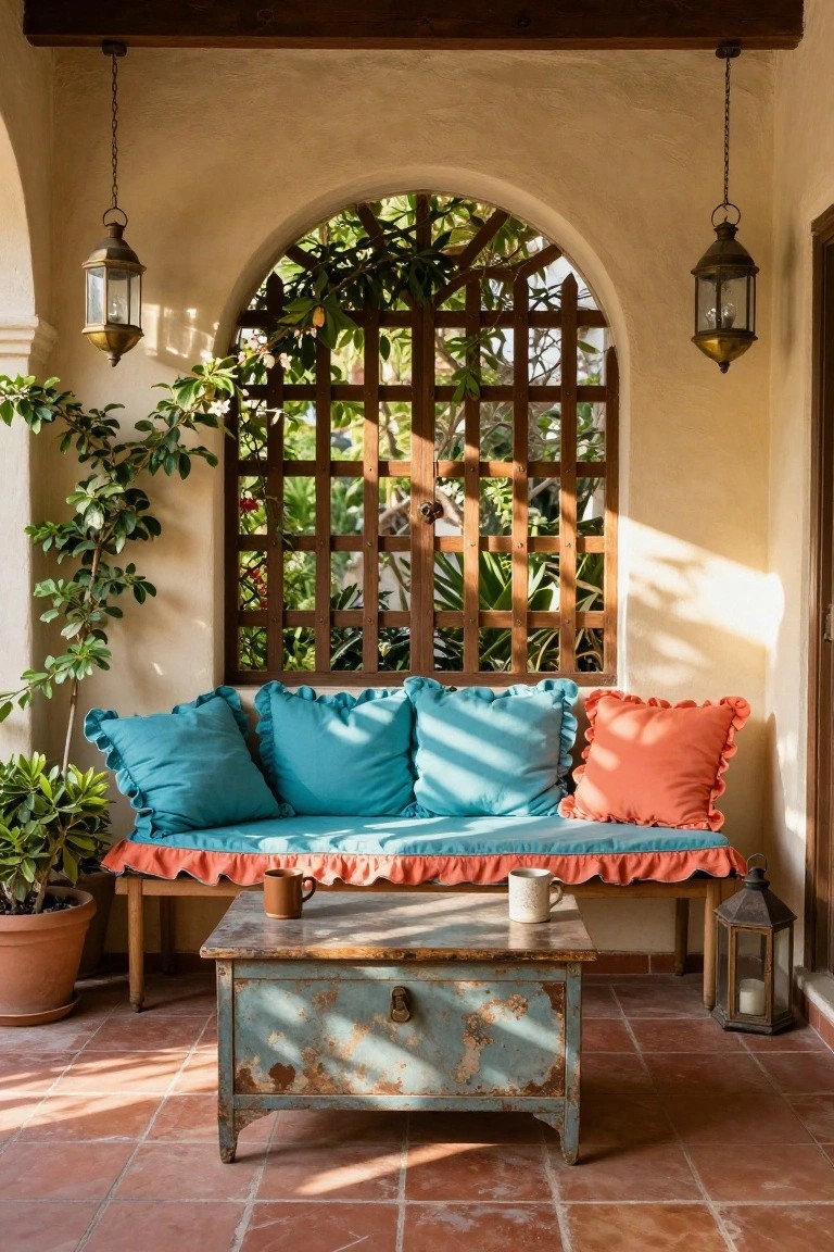 Shaded outdoor porch featuring a turquoise ruffled sofa with blue and orange cushions, low wooden coffee table, potted plants, hanging lanterns, arched window with wooden lattice and greenery, beige stucco walls, and terracotta tile floor.