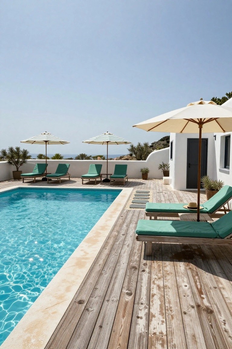 Rooftop infinity-edge pool with turquoise water and white stone coping, surrounded by weathered gray wood decking, green cushioned loungers under beige umbrellas, white stucco architecture with potted plants, and distant sea view under blue sky.