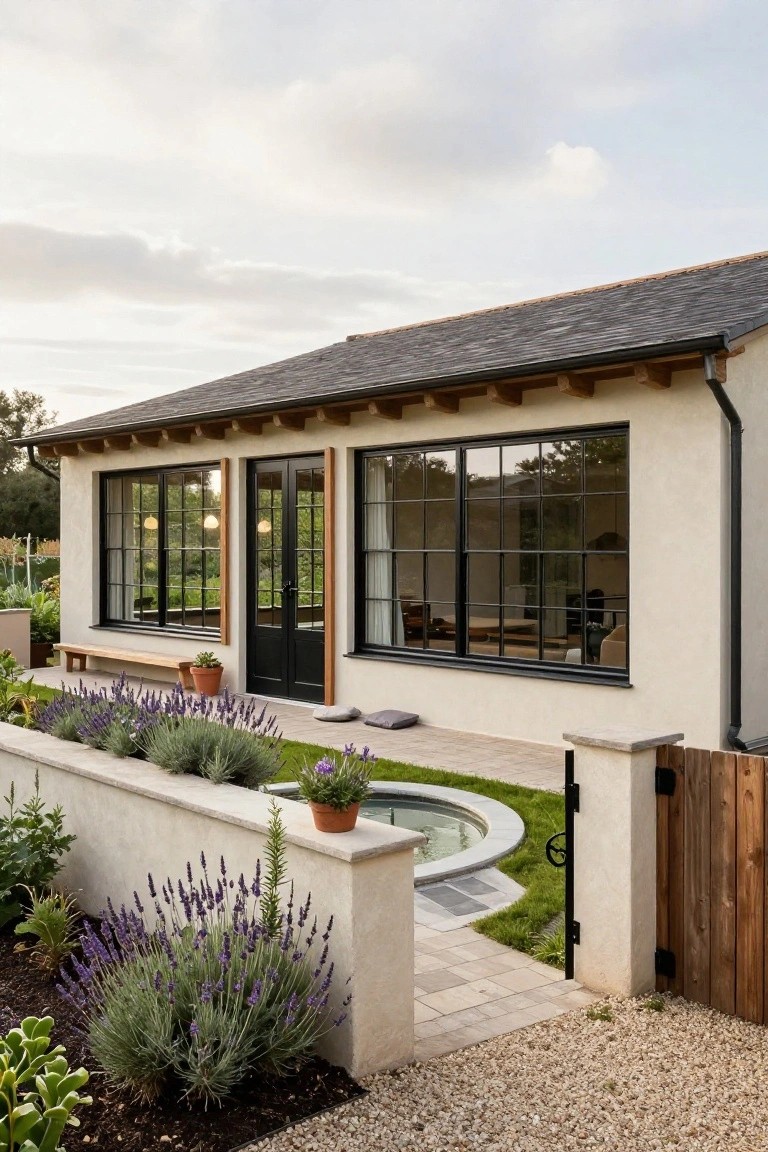Side exterior of a single-story stucco house with large black metal-framed windows and French doors, exposed wooden roof beams, slate roof, lavender plants in beds, small round fountain, and gravel path.