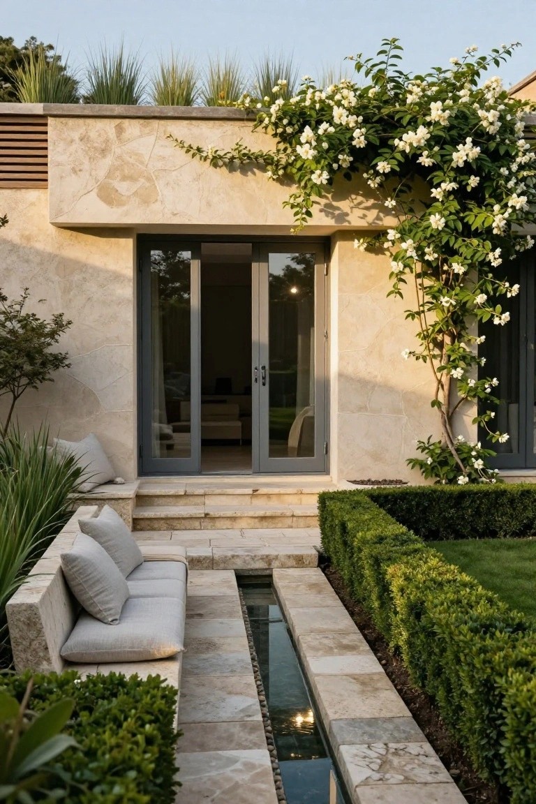 Beige stone house wall with climbing white flowers, large gray sliding glass doors leading to stone steps down to a built-in cushioned bench beside a narrow lit water channel, flanked by box hedges and grasses.