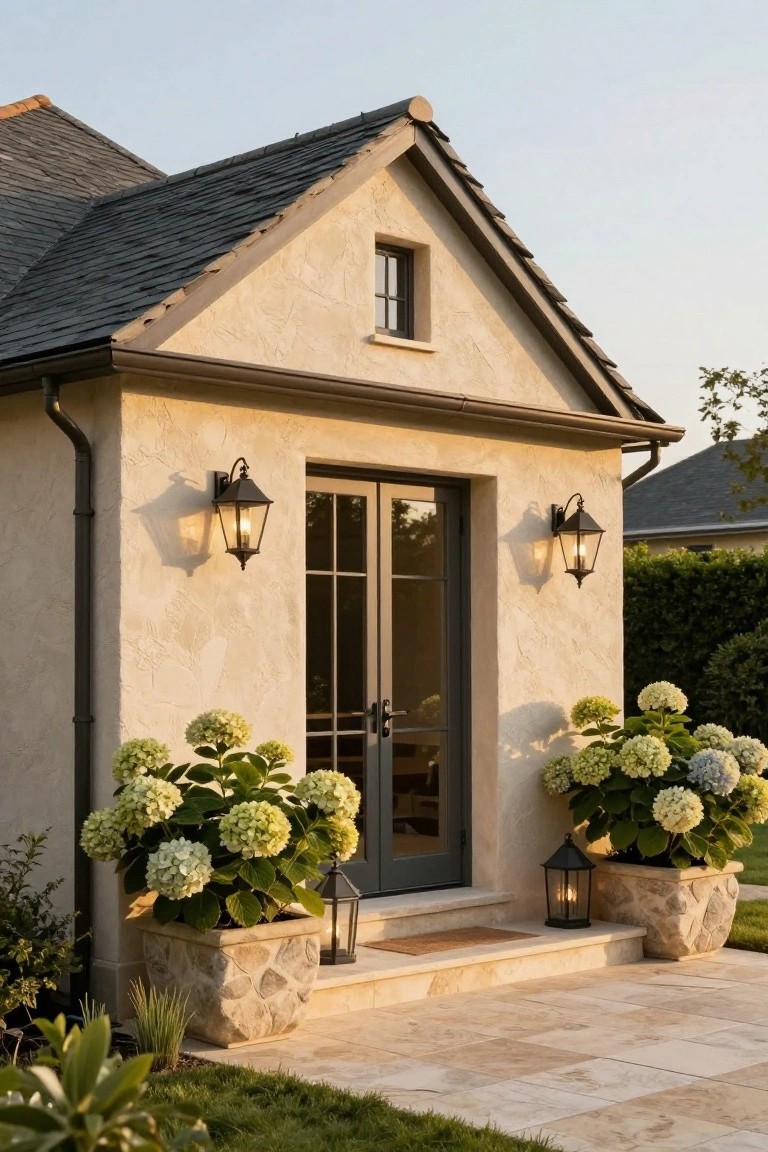 Stucco guesthouse exterior with gabled slate roof, double black-framed glass doors, large potted white hydrangea plants flanking the entry, black lanterns on walls, stone steps, and travertine tile patio.