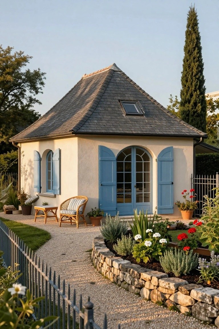 Small cream stucco pavilion with blue shutters on arched windows and doors, slate pyramid roof, gravel path, stone retaining wall, plants, and metal fence in a garden.
