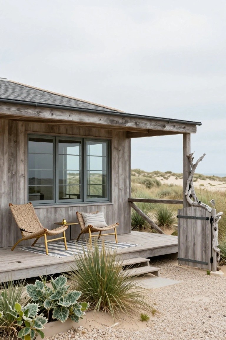 Wooden beach house with covered porch holding two rattan lounge chairs, small round table, striped rug on deck, flanked by dune plants and driftwood gate near sandy dunes.