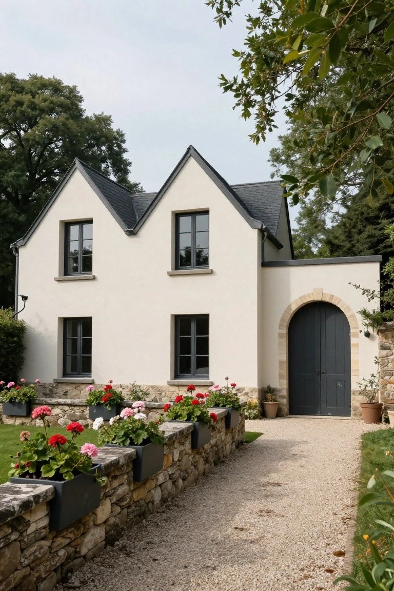 White two-story house with steep gabled dark slate roofs, black-framed windows, arched dark wooden door in stone archway, stone wall lined with black planters of pink geraniums, gravel path, and surrounding trees and lawn.