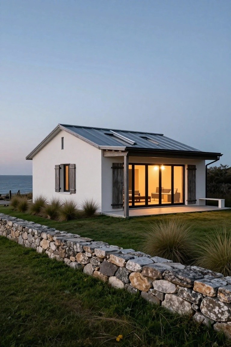 White single-story house with pitched dark metal roof, wooden shutters, and large glass sliding doors on a deck, next to grass, ornamental grasses, and a dry-stacked stone wall by the ocean at dusk.