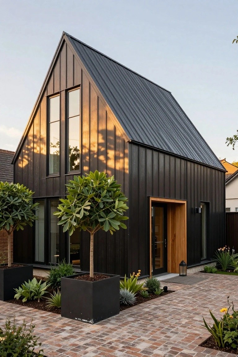 Modern gabled house with dark vertical wood cladding, black metal roof, tall windows on gable end, recessed wooden entry door, potted plants in black containers, and brick pathway.