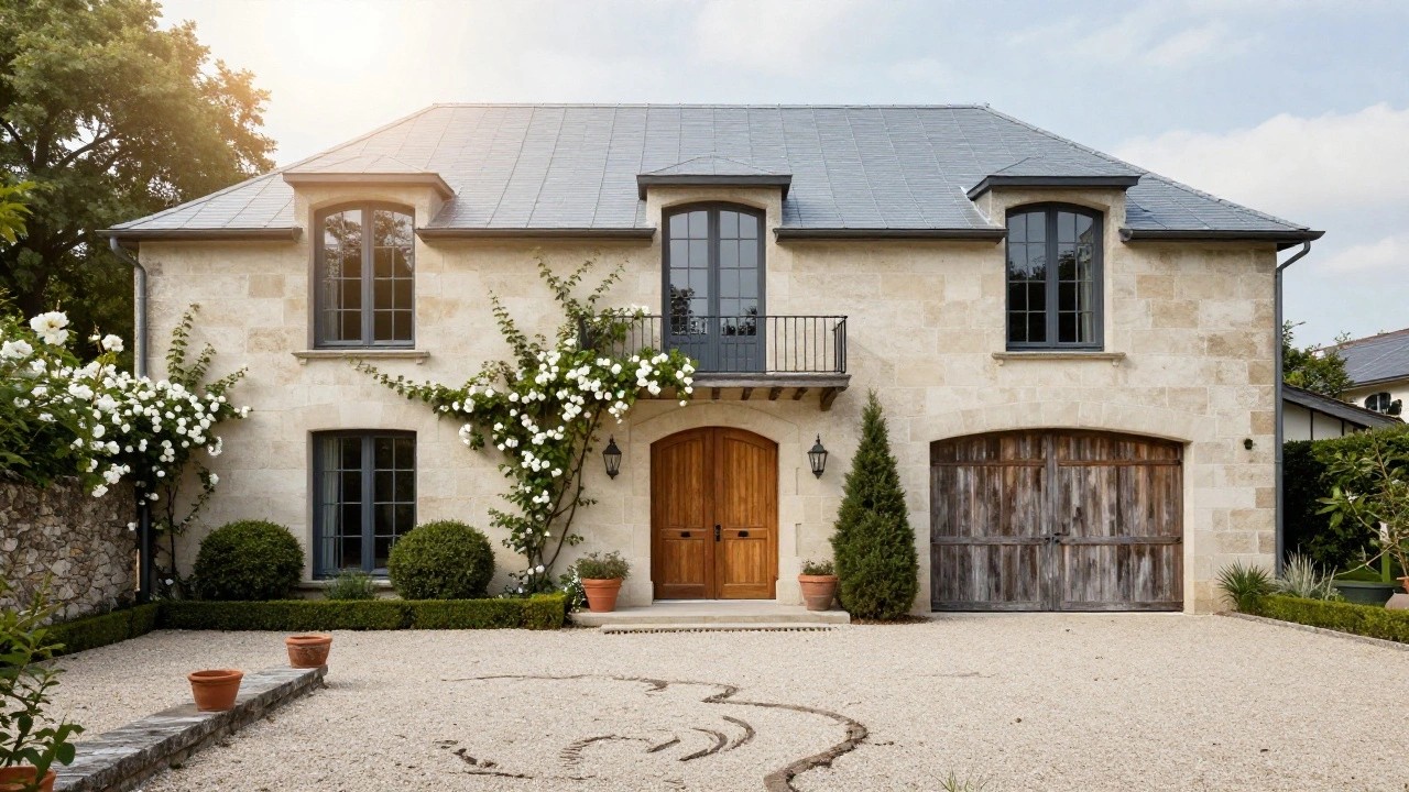 Front exterior of a two-story beige limestone house with dark slate roof, black-framed windows, arched brown wooden entry door with lanterns, adjacent wooden garage doors, climbing white roses on the facade, terracotta pots with white flowers and topiary, stone path on gravel, and grass edging.