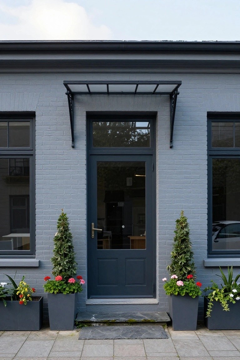 Gray brick house facade with black-framed windows and dark wood door under a metal awning, flanked by symmetrical tall potted topiary trees and lower flower pots on a stone step and paved path.