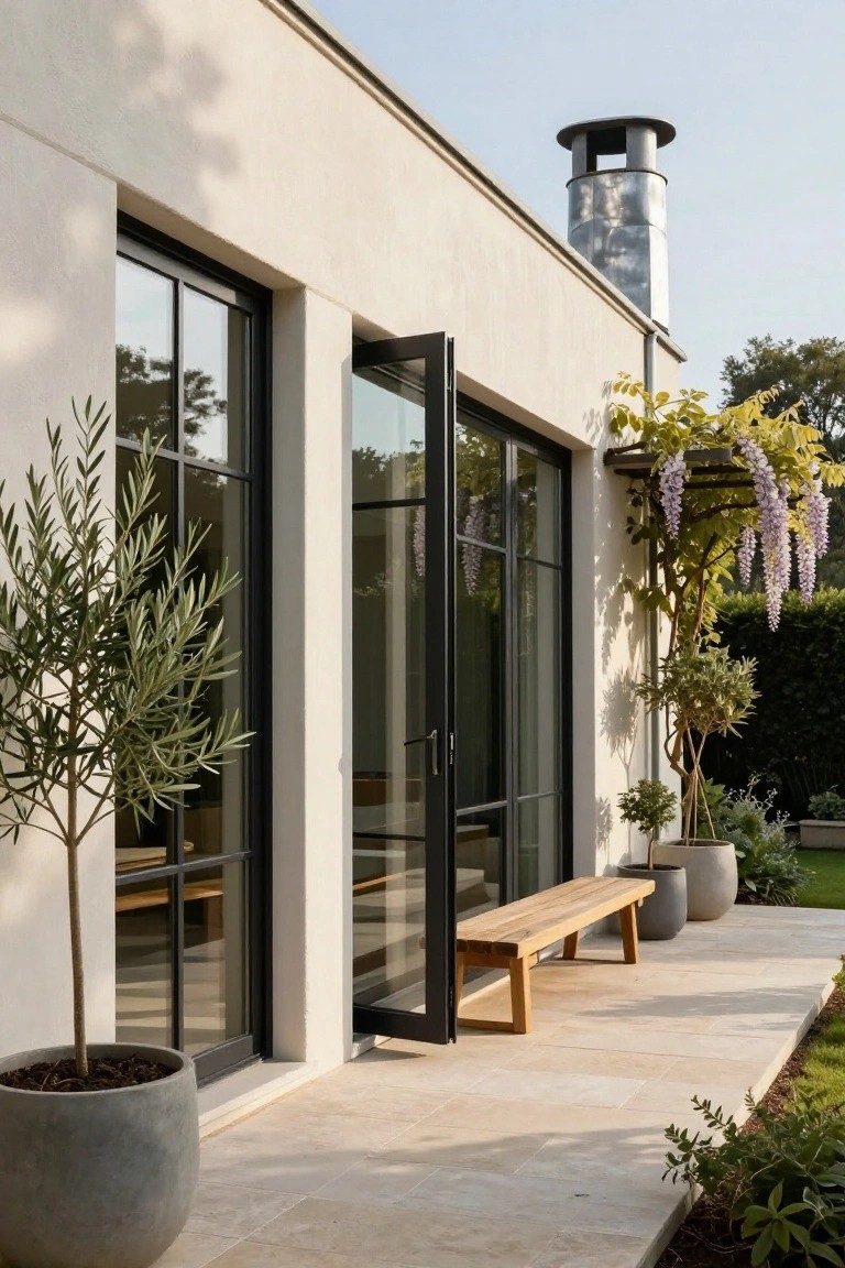 Exterior side view of a modern stucco house featuring large black steel-framed glass windows and folding doors open to a beige stone terrace, with potted olive trees, a wooden bench, wisteria vine on the wall, and a metal chimney.