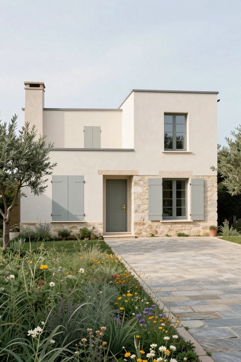 Two-story modern house exterior with beige stucco walls, gray shutters on windows, green front door in a stone base surround, beige chimney, slate tile path, and landscaping with olive trees and wildflowers.