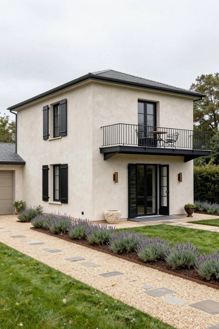 Two-story beige stucco house with black shutters on windows, black metal balcony railing above French doors, attached garage, stone trough, lavender plantings, gravel path, and lawn.