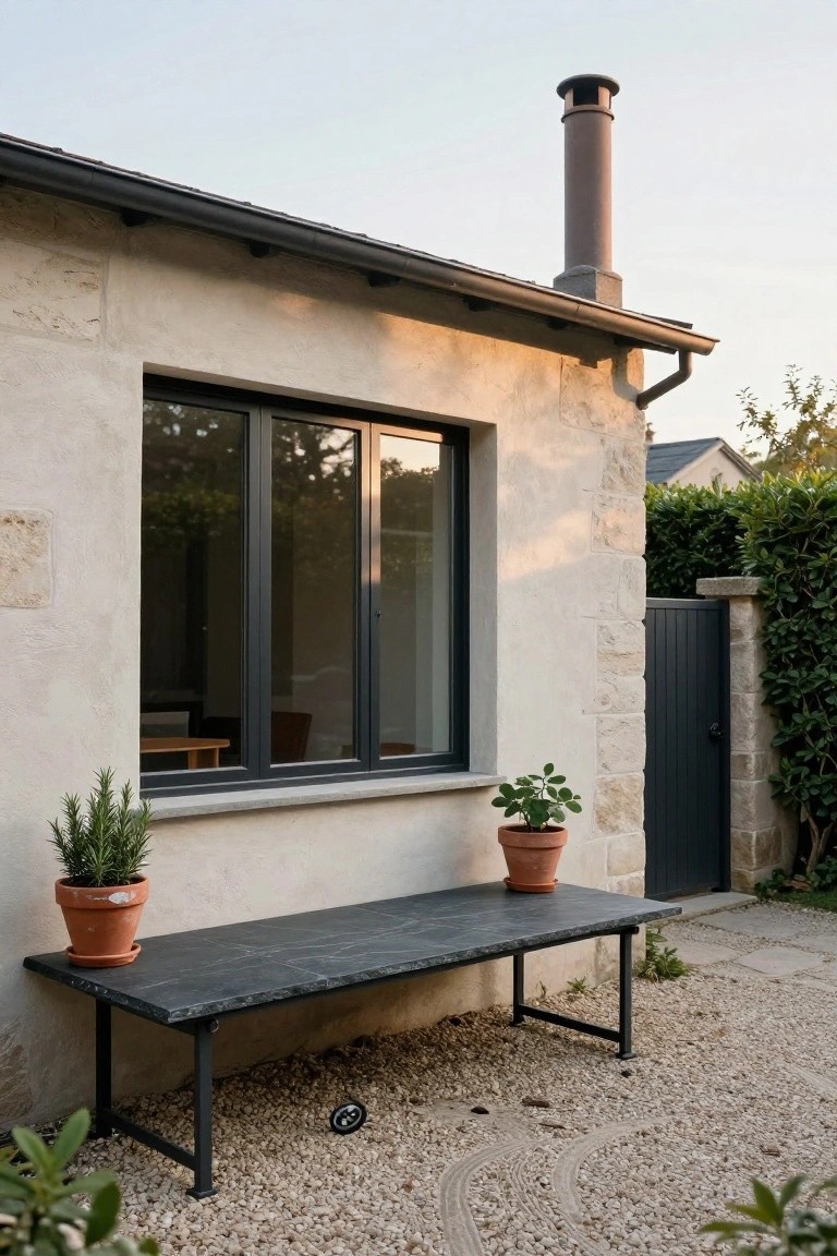 Side view of a beige stucco house exterior with a large black-framed window, rectangular black metal and dark slate bench on gravel ground, two terracotta pots with rosemary and another plant on the bench, black gate in hedge fence, and gravel yard.