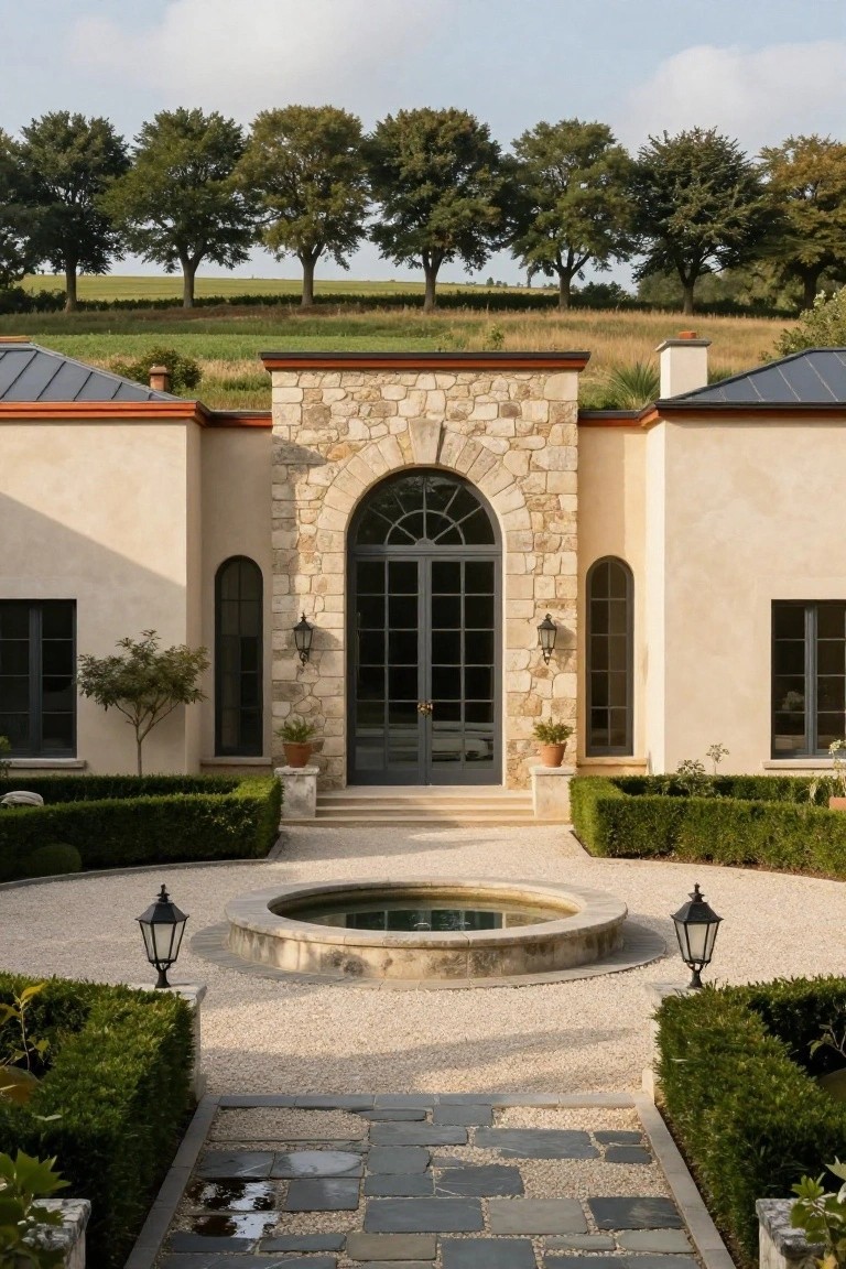 Beige stucco house exterior with central stone-arched entry featuring tall dark French doors, flanked by narrow arched windows, circular stone fountain in gravel courtyard, boxwood hedges, lanterns, and trees against green fields.