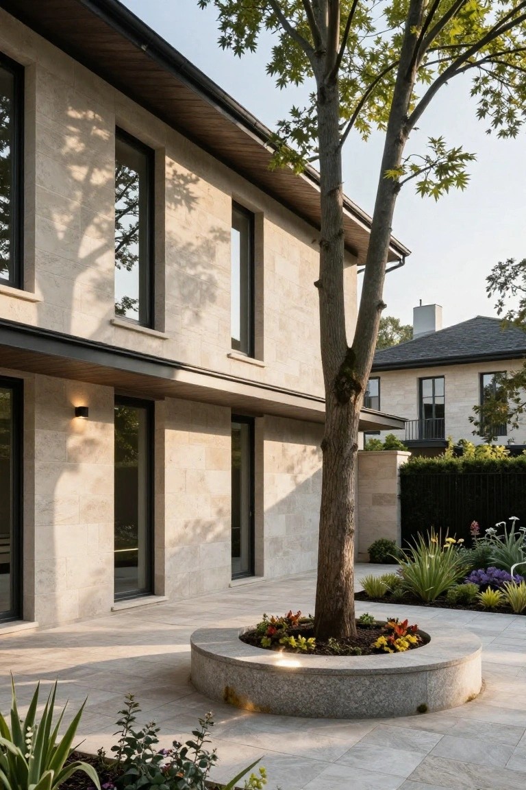 Exterior view of a modern beige stone house wall with large black-framed windows and doors, adjacent to a stone-paved patio featuring a circular granite planter encircling a large tree trunk, with agave plants, flowers, and low shrubs around the edges.