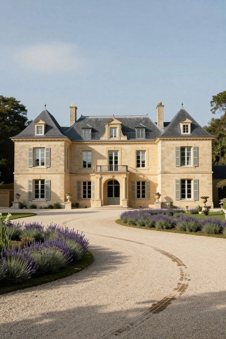 Beige limestone French chateau-style house with symmetrical facade, slate mansard roofs, multi-pane windows, central arched entry, flanked by urns, and curved gravel driveway lined with lavender beds.