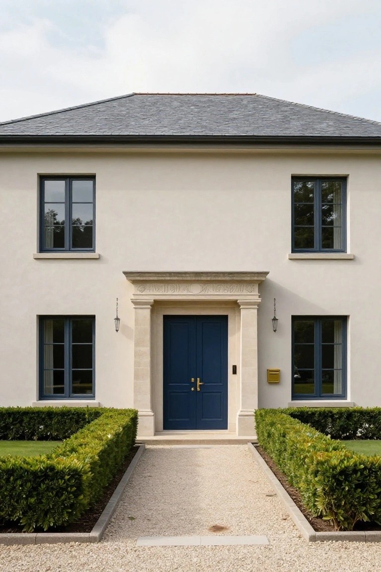 Two-story house exterior with pale stucco walls, dark slate roof, and a blue double front door under a carved stone pediment supported by columns, flanked by boxwood hedges along a gravel path.