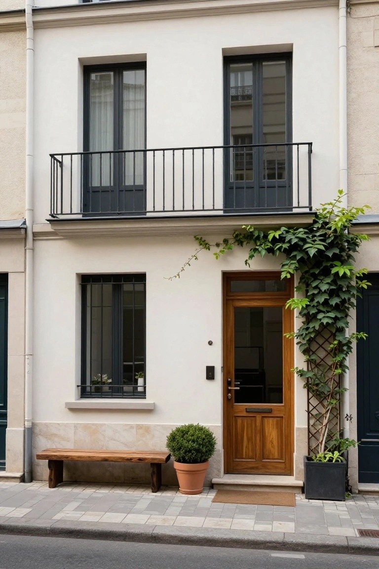 White stucco two-story French townhouse facade with dark-framed windows, iron balcony, wooden front door beside ivy-covered trellis, wooden bench, potted plants, and adjacent green door on a paved sidewalk.
