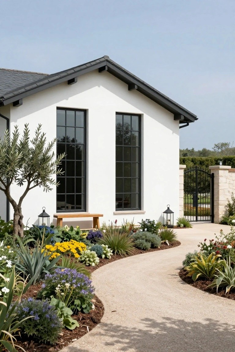 White stucco house exterior with black metal-framed tall windows, dark sloped roof, olive tree, wooden bench, lanterns, curved gravel path edged with colorful flowers and agaves, and black wrought iron gate on stone pillars.