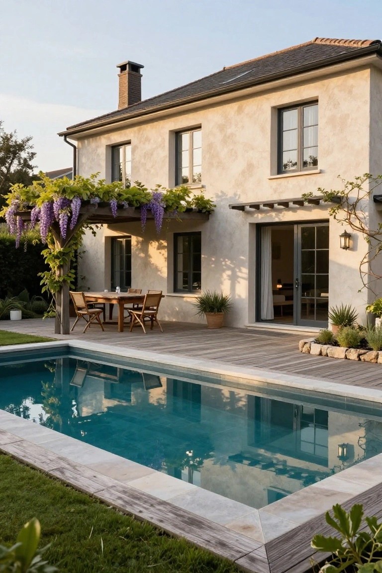 Beige stucco house with slate roof and wooden pergola draped in purple wisteria shading a dining table and chairs on a deck adjacent to a rectangular turquoise pool, with landscaping and plants around.