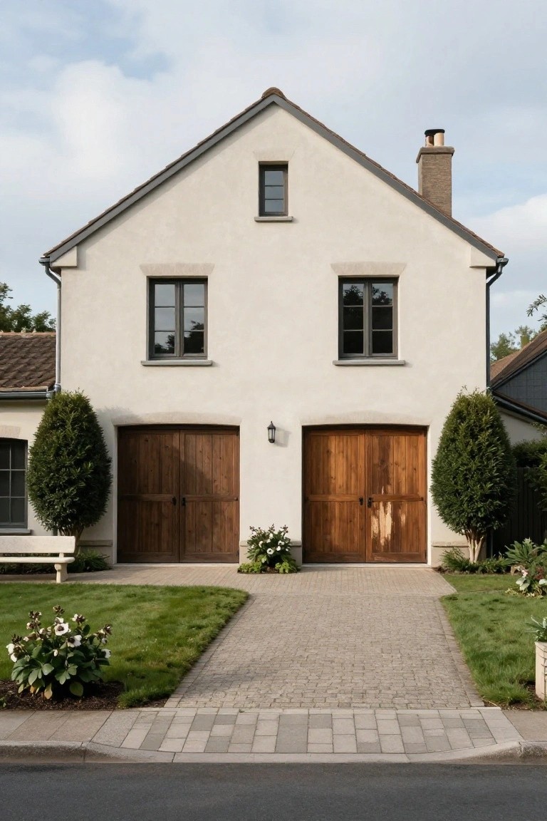 Front exterior of a two-story stucco house with centered double wooden garage doors, flanked by topiary trees, white wall lanterns, flower beds, and a paved driveway.