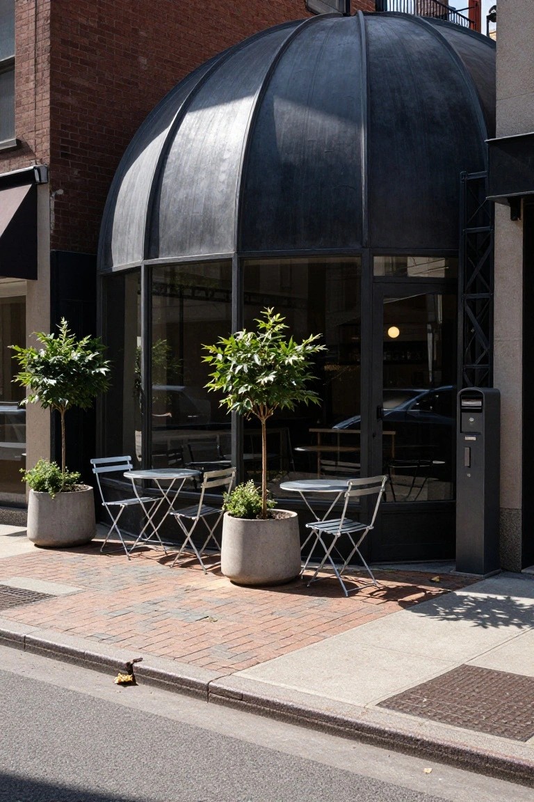 Brick building exterior with a large black metal dome roof over a glass-enclosed entrance, outdoor bistro tables and chairs with potted plants on a brick sidewalk next to a metal mailbox.