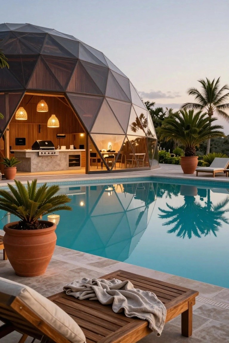 Geodesic dome structure with open wooden kitchen featuring barbecue grill and pendant lights next to a turquoise pool, palm trees, potted plants, and lounge chairs on tiled patio at dusk.