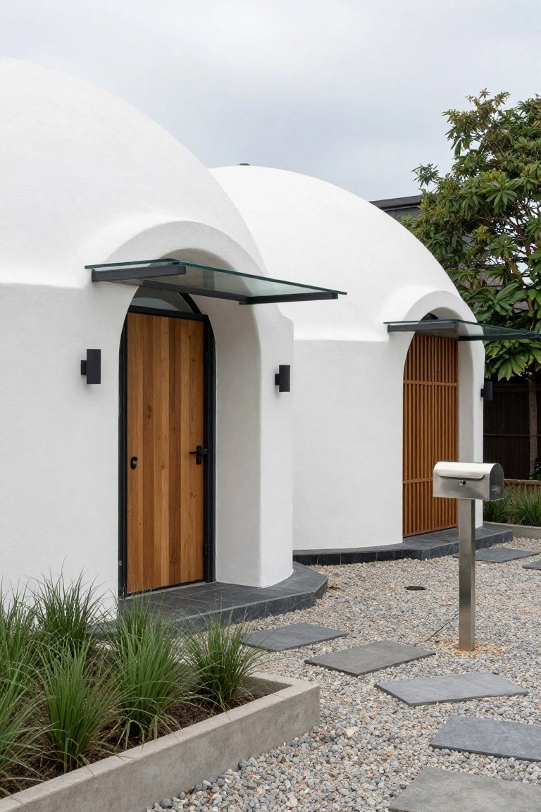 White curved dome house exterior featuring two arched doorways with wooden doors, glass overhangs, black wall lights, gravel path, concrete planters with grasses, and metal mailbox on post.