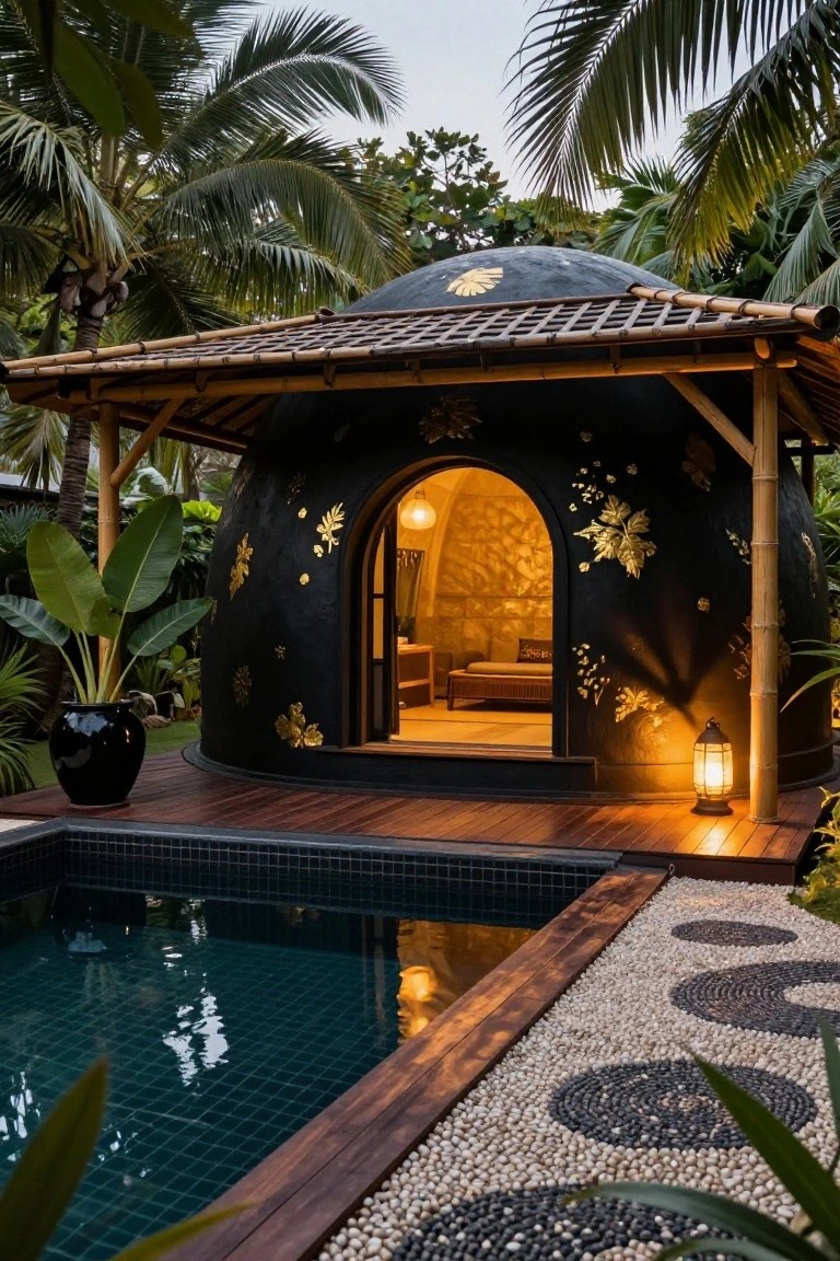 Black dome-shaped house with gold leaf motifs on the exterior, arched entry open to interior, bamboo roof and supports, on wooden deck beside small tiled pool amid tropical plants and palms.