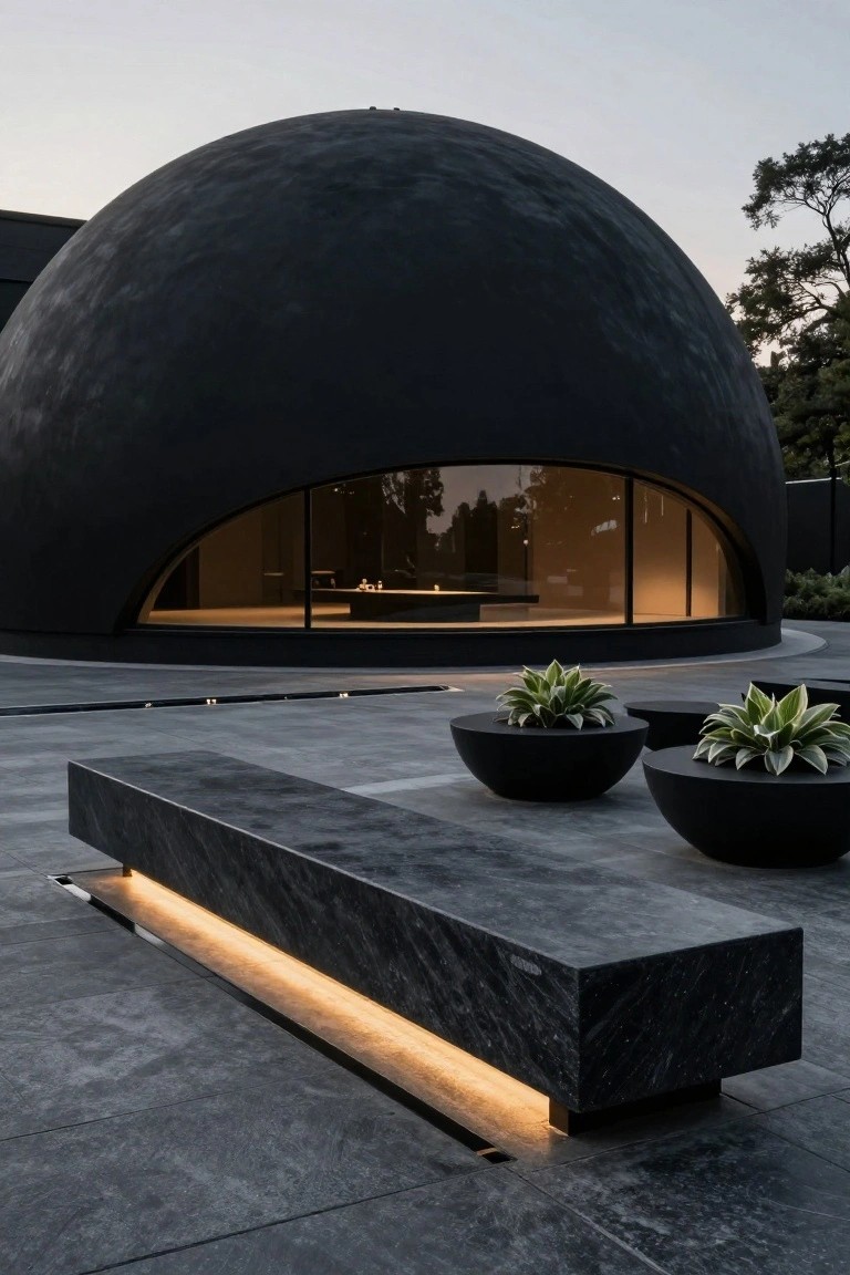 Matte black dome-shaped house exterior with large curved window, black stone bench with LED lighting, black pots of variegated plants on gray stone patio at dusk.