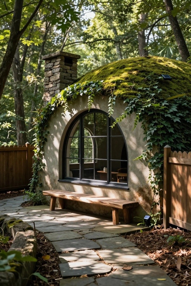Dome-shaped house with moss-covered roof and ivy-covered walls, stone chimney, arched black-framed window, wooden bench on stone pathway, wooden fence, and surrounding trees in a forest setting.