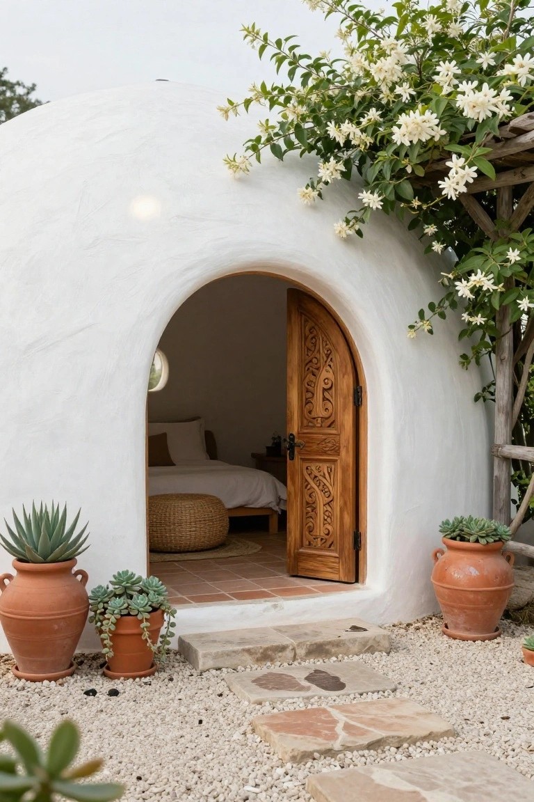 White curved dome house with open carved wooden arched door showing bed inside, potted succulents and agave plants flanking entry, jasmine vine on wooden trellis, gravel ground and stone steps.