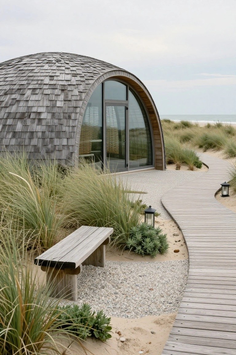Curved wooden shingle-roofed dome house on beach dunes with large curved glass door, wooden boardwalk path, bench, lanterns, and surrounding beach grass leading to the ocean.