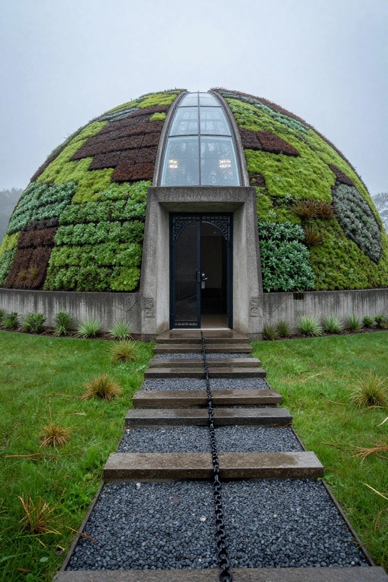 Hemispherical concrete dome structure covered in patchwork moss and plant walls in green and brown tones, featuring a glass-topped dome, black entry door with concrete surround, and gravel pathway leading through grass.