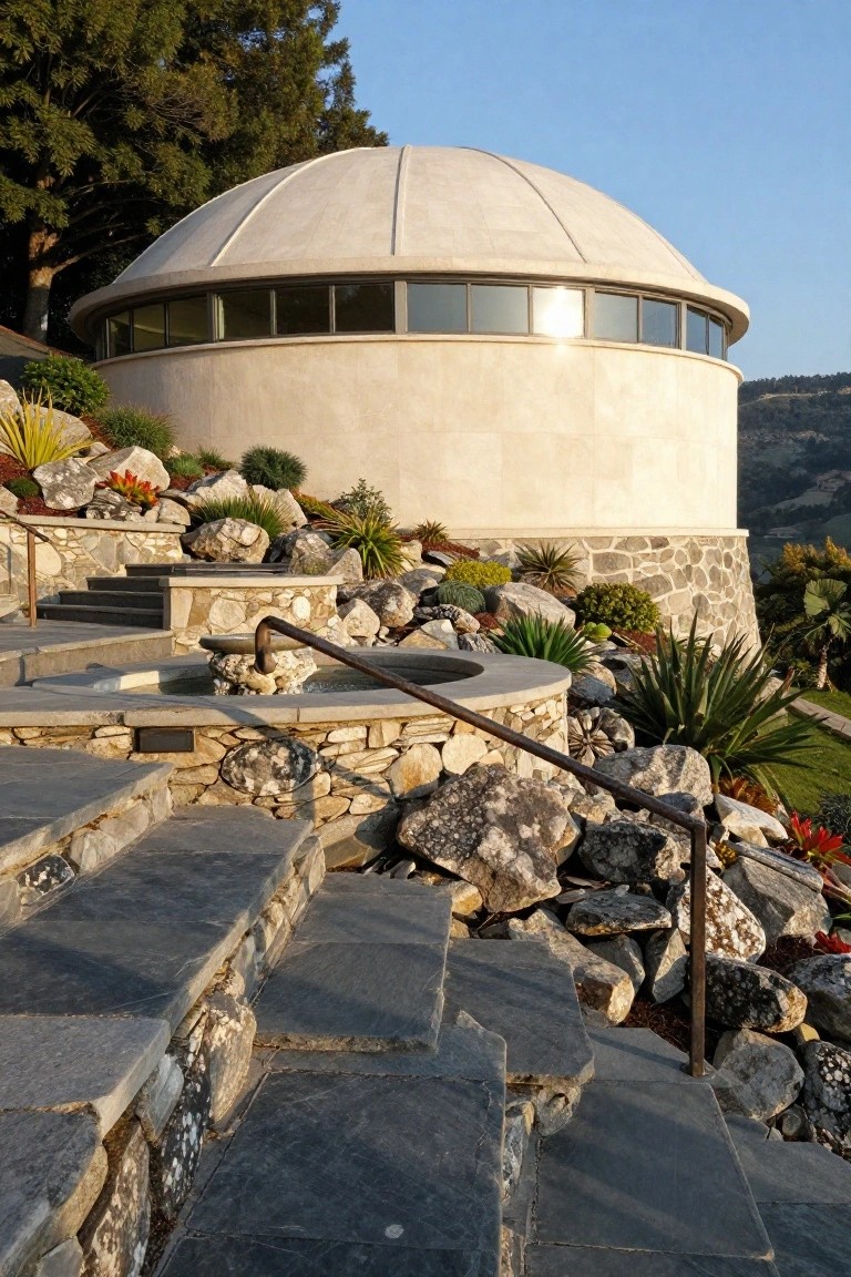 White dome-shaped house with horizontal band of dark-framed windows on a stone base, surrounded by large rocks, plants, and slate steps leading to a hot tub area on a hillside.
