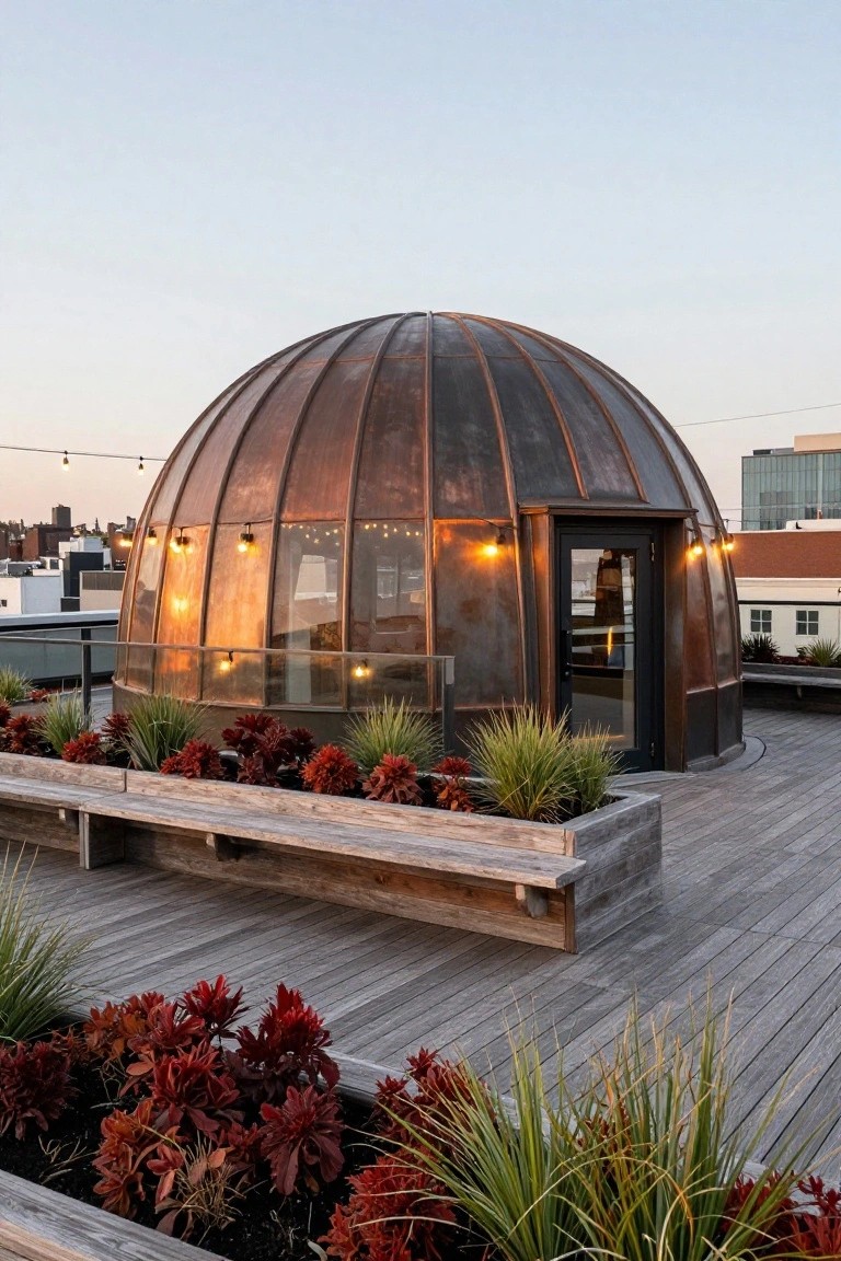 Copper-patina dome pavilion with glass panels on a wooden rooftop deck, surrounded by planters with red foliage and grasses, string lights, and an urban skyline backdrop.