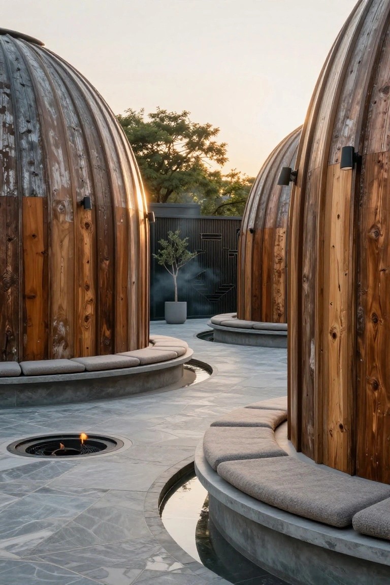 Three tall weathered wooden barrel dome structures with integrated curved cushioned benches on a gray stone patio surrounding a central black fire pit and narrow water channel, with trees and sunset light in the background.