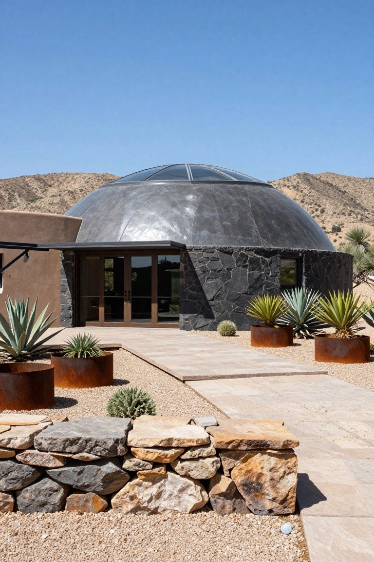 Exterior of a dome-shaped modern house with metallic roof, black stone walls, wooden and glass entry doors, agave plants in rusted metal pots, gravel paths, and stone retaining wall in a desert landscape with mountains.