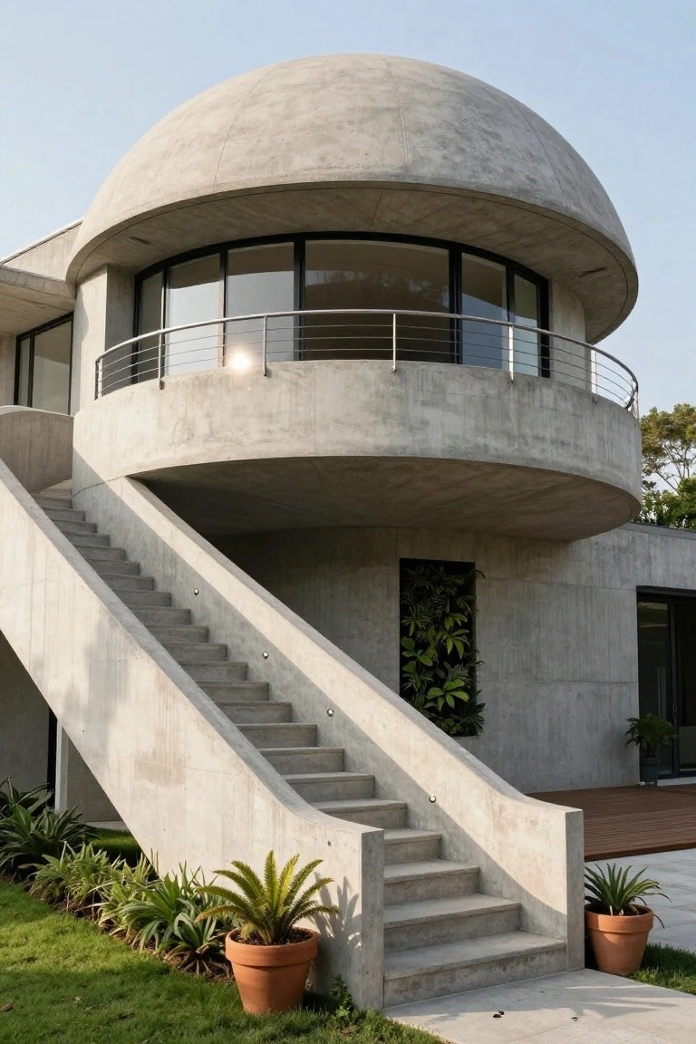 Modern concrete house exterior with large dome-shaped roof, curved walls, wide external stairs, metal balcony railing, vertical garden panel, and potted plants at the base.