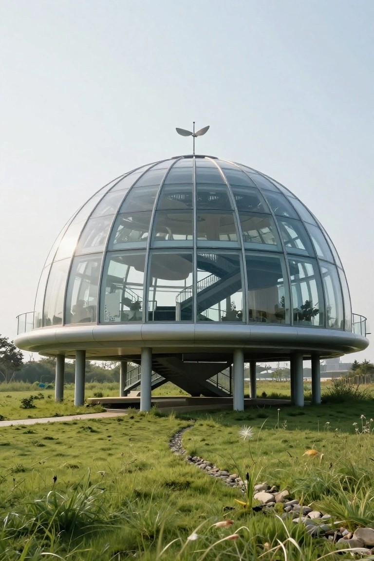 A futuristic glass dome house elevated on four steel pillars above green grass, with a spiral staircase leading up and surrounding landscaping including paths and plants.