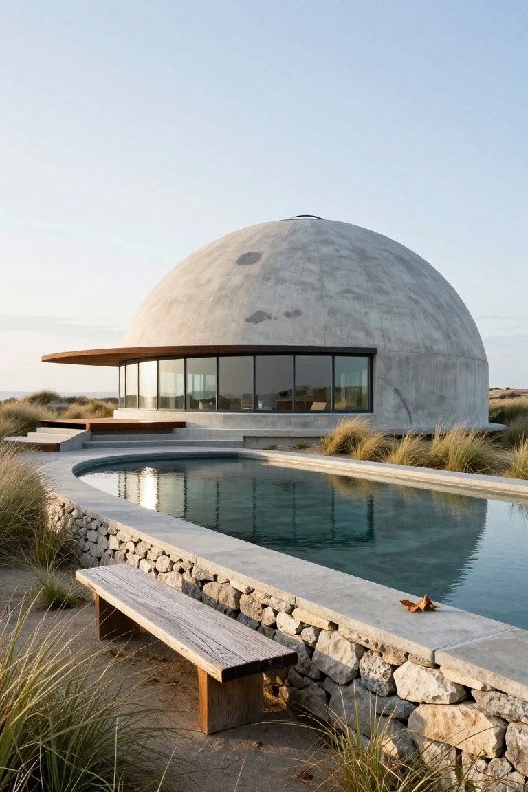 Gray concrete dome-shaped house with curved panoramic glass window wall and adjacent curved swimming pool, surrounded by stone walls, grasses, and sandy dunes under a clear sky.
