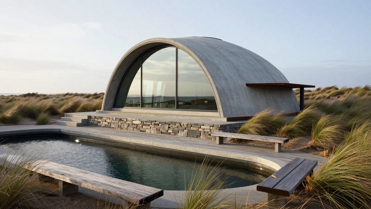 Gray concrete dome-shaped house with curved panoramic glass window wall and adjacent curved swimming pool, surrounded by stone walls, grasses, and sandy dunes under a clear sky.