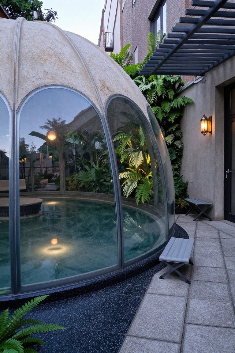 Beige curved glass dome enclosing a round lit pool surrounded by tropical ferns and plants next to a modern building exterior and stone path at dusk.